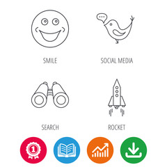 Rocket, social media and search icons. Smiling face linear sign. Award medal, growth chart and opened book web icons. Download arrow. Vector