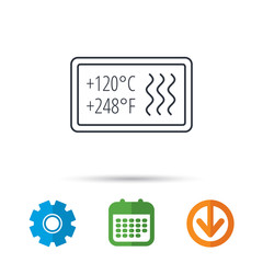 Heat resistant icon. Microwave or dishwasher information sign. Attention symbol. Calendar, cogwheel and download arrow signs. Colored flat web icons. Vector