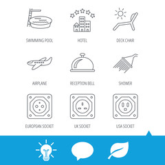 Hotel, swimming pool and beach deck chair icons. Reception bell, shower and airplane linear signs. European, UK and USA socket icons. Light bulb, speech bubble and leaf web icons. Vector