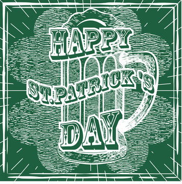 Vector vintage illustrations for St. Patrick's Day in sketch style. Image of leaf clover and a glass of celebratory beer.