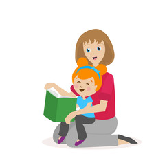 Mother daughter reading a book. The process of learning to read. Bedtime Story. Flat character isolated on white background. Vector, illustration EPS10.