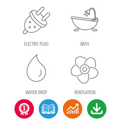 Fototapeta premium Ventilation, water drop and electric plug icons. Bath linear sign. Award medal, growth chart and opened book web icons. Download arrow. Vector