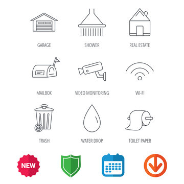 Wi-fi, video monitoring and real estate icons. Toilet paper, shower and water drop linear signs. Trash, garage flat line icons. New tag, shield and calendar web icons. Download arrow. Vector