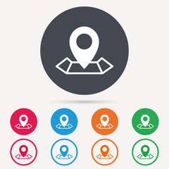 Location icon. Map pointer symbol. Round circle buttons. Colored flat web icons. Vector