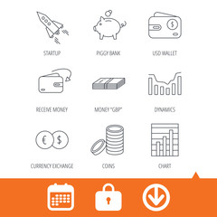Piggy bank, cash money and startup rocket icons. Wallet, currency exchange and dollar usd linear signs. Chart, coins and dynamics icons. Download arrow, locker and calendar web icons. Vector