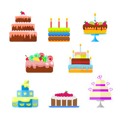 Set of cakes with fruit and candles to the birthday or other holidays. Vector, illustration in flat style isolated on white background EPS10.