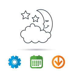 Night or sleep icon. Moon and stars sign. Crescent astronomy symbol. Calendar, cogwheel and download arrow signs. Colored flat web icons. Vector