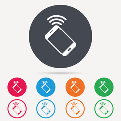 Cellphone icon. Mobile phone communication symbol. Round circle buttons. Colored flat web icons. Vector