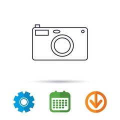 Photo camera icon. Photographer equipment sign. Calendar, cogwheel and download arrow signs. Colored flat web icons. Vector