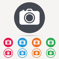 Camera icon. Professional photocamera symbol. Round circle buttons. Colored flat web icons. Vector