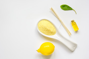 Spa with oil and salt on white background top view mockup