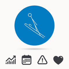 Ski jumping icon. Skis extreme sport sign. Professional competition symbol. Calendar, attention sign and growth chart. Button with web icon. Vector