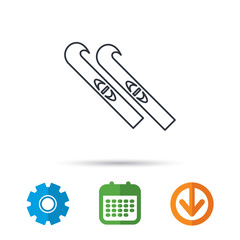 Skiing icon. Skis sign. Winter sport symbol. Calendar, cogwheel and download arrow signs. Colored flat web icons. Vector