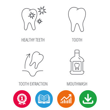 Tooth, mouthwash and healthy teeth icons. Tooth extraction linear sign. Award medal, growth chart and opened book web icons. Download arrow. Vector