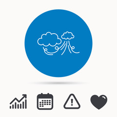 Wind icon. Cloud with storm sign. Strong wind or tempest symbol. Calendar, attention sign and growth chart. Button with web icon. Vector