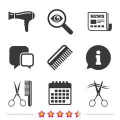 Hairdresser icons. Scissors cut hair symbol.