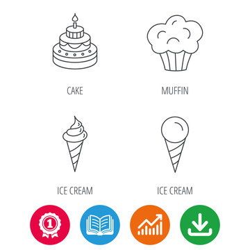 Cake, ice cream and muffin icons. Sweets linear sign. Award medal, growth chart and opened book web icons. Download arrow. Vector
