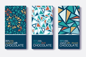 Vector Set Of Chocolate Bar Package Designs With Vintage Geometric Mosaic Patterns. Editable Packaging Template Collection. - 137011311