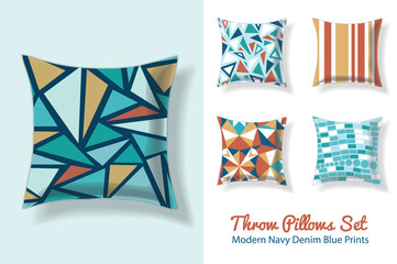 Set Of Throw Pillows In Matching Unique Vintage Abstract Geometric Triangles Seamless Patterns. Square Shape. Editable Vector Template.
