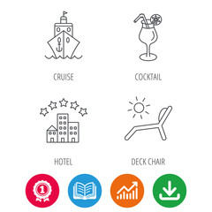 Cruise, waves and cocktail icons. Hotel, deck chair linear signs. Award medal, growth chart and opened book web icons. Download arrow. Vector