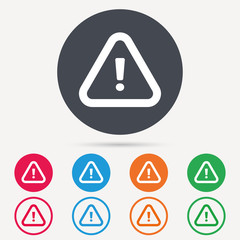 Warning icon. Attention exclamation mark symbol. Round circle buttons. Colored flat web icons. Vector
