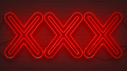 flickering blinking red neon sign on brick wall background, sexy adult show night club xxx sign