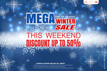 Fototapeta na wymiar Vector wide poster of Winter mega sale on the gradient blue background with snowflakes and glow in the center.