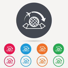 World map icon. Globe with arrow sign. Plane travel symbol. Round circle buttons. Colored flat web icons. Vector