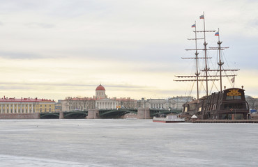 Fototapeta na wymiar View of Exchange Bridge, Vasilevsky Island and frozen Neva River.