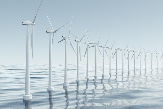 Beautiful the wind turbines in sea, ocean. Clean energy, wind energy, ecological concept. 3d rendering