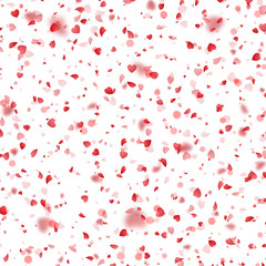 Valentines Day background of red hearts petals falling on white background. Symbol of love for the label gift packages. Flower petal in shape of heart confetti. Decor pink element for greeting cards.