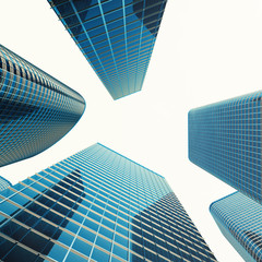 Fototapeta na wymiar Bottom view of modern skyscrapers in business district. Industrial architecture, business construction and estate financial concept. 3d rendering