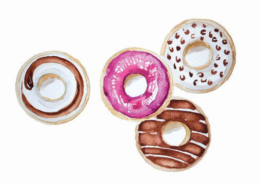 Donuts set hand drawn watercolor painting on white background . isolated pictures  for object or background