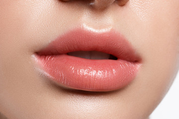 Perfect natural lip makeup. Close up macro photo with beautiful female mouth. Plump full lips. - obrazy, fototapety, plakaty