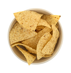 Top view of a bowl filled with tortilla chips isolated on a white background.