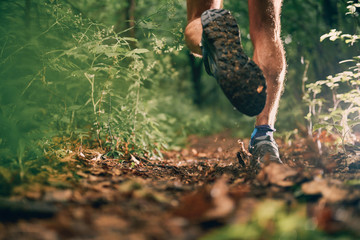Muscular calves of a fit male jogger training for cross country forest trail race in nature park.