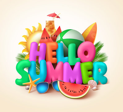 Hello summer text banner design with colorful summer elements like watermelons and beach balls in yellow background. Vector illustration.
