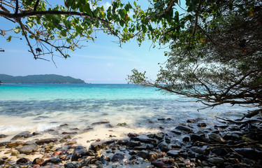 Landscape of sea sun rock sand beach under blue sky with green t