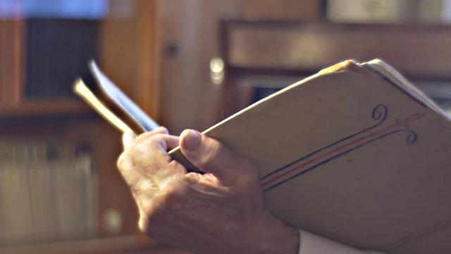 Old Man is Reading at Lunch Vintage Cup and Plate Man of Intelligent Profession Loves Reading Doctor Scientist Kind Grandfather Keeps His Brain Young