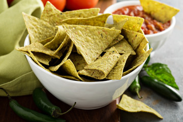 Healthy corn tortilla chips with spinach and flax seeds