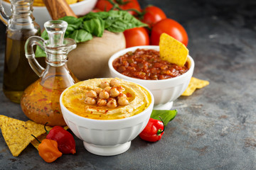 Homemade hummus and tomato salsa in white bowls