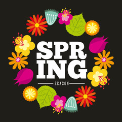 wreath of beautiful flowers over black background. spring season concept. colorful design. vector illustration