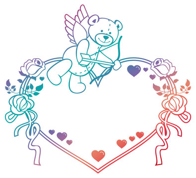 Gradient label with  roses and teddy bear looks like a Cupid. Raster clip art.