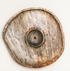 Old round wooden sign on white background. Bali style decor