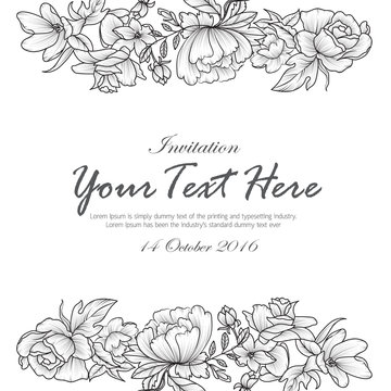 Hand draw flowers black and white invitation card design backgro