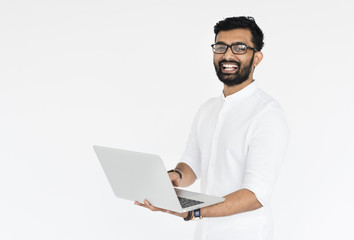 Male Holds Laptop Technology Concept