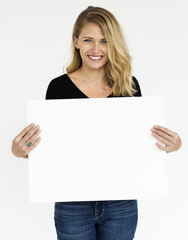 Fototapeta premium Female Holding White Blank Placard Concept