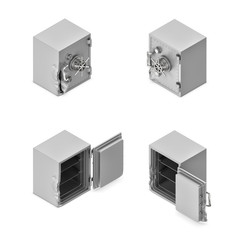 3d rendering of a broken metal safe box in open and closed state in double-sided isometric view.