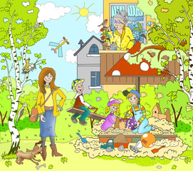 Figure warm spring, summer day in the yard. Sandpit, kids play in the sand, the boy goes for a drive on a swing, walk. Woman with dog, Grandma is watering the flowers. Children's book book 