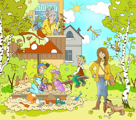 Figure warm spring, summer day in the yard. Sandpit, kids play in the sand, the boy goes for a drive on a swing, walk. Woman with dog, Grandma is watering the flowers. Children's book book 